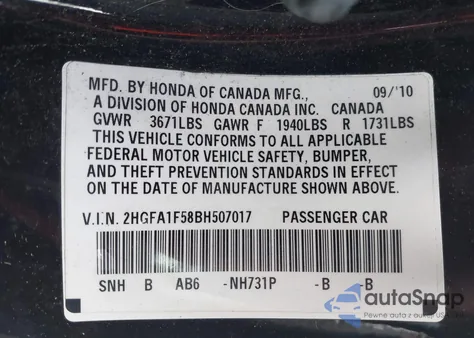 2011 Honda Civic Lx from USA, damaged, VIN 2HGFA1F58BH507017